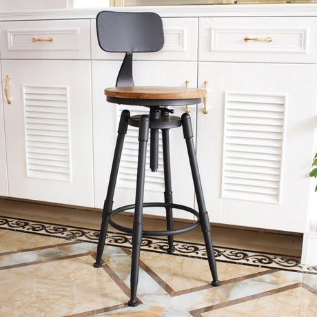 Industrial Brown Swivel Adjustable Round Bar Stool with Back Image - 2
