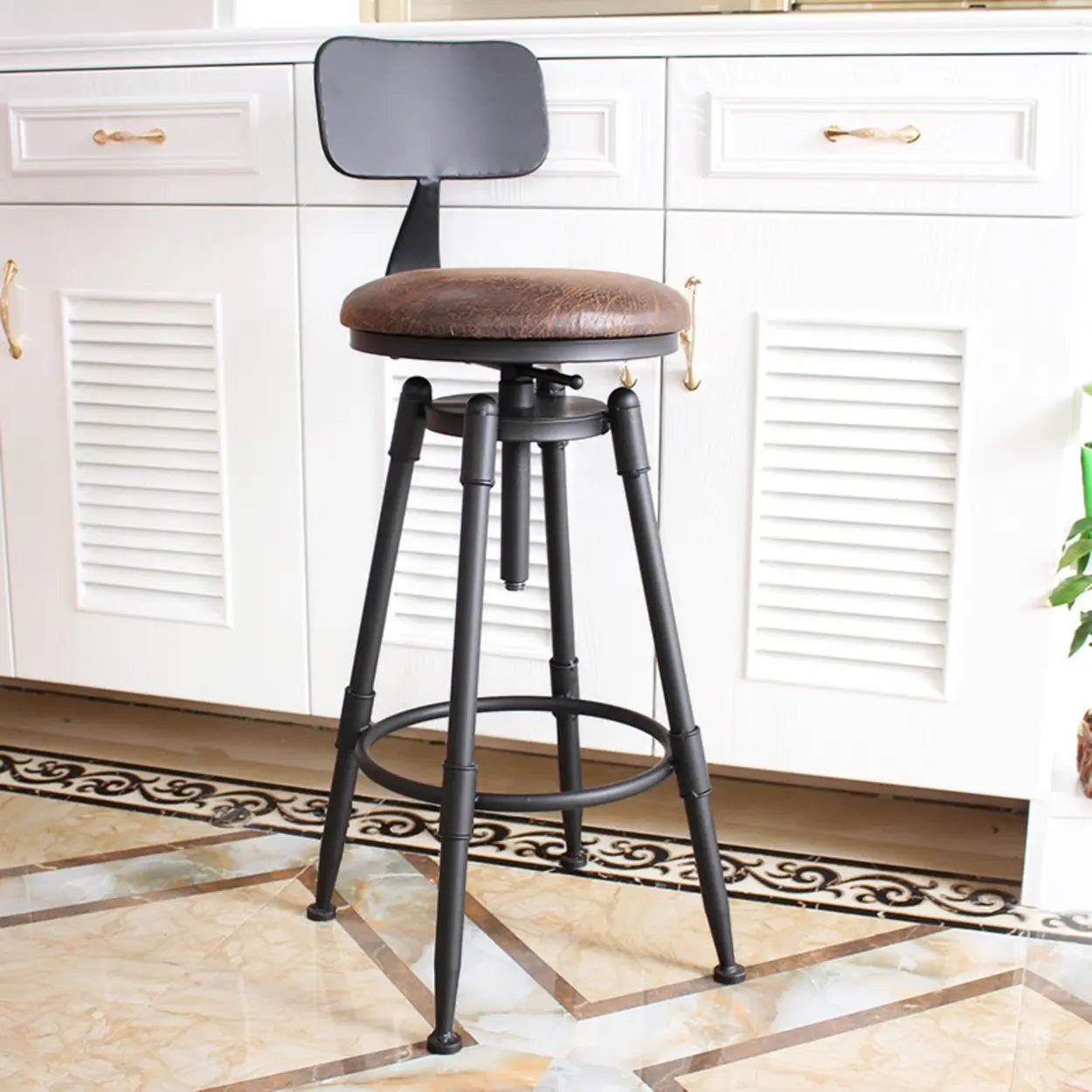 Industrial Brown Swivel Adjustable Round Bar Stool with Back Image - 5