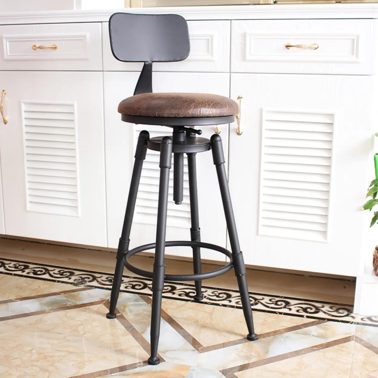 Industrial Brown Swivel Adjustable Round Bar Stool with Back Image - 5