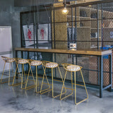 Industrial Wood Bar Table Set Gold Wire Back Cushion Stool Image - 1