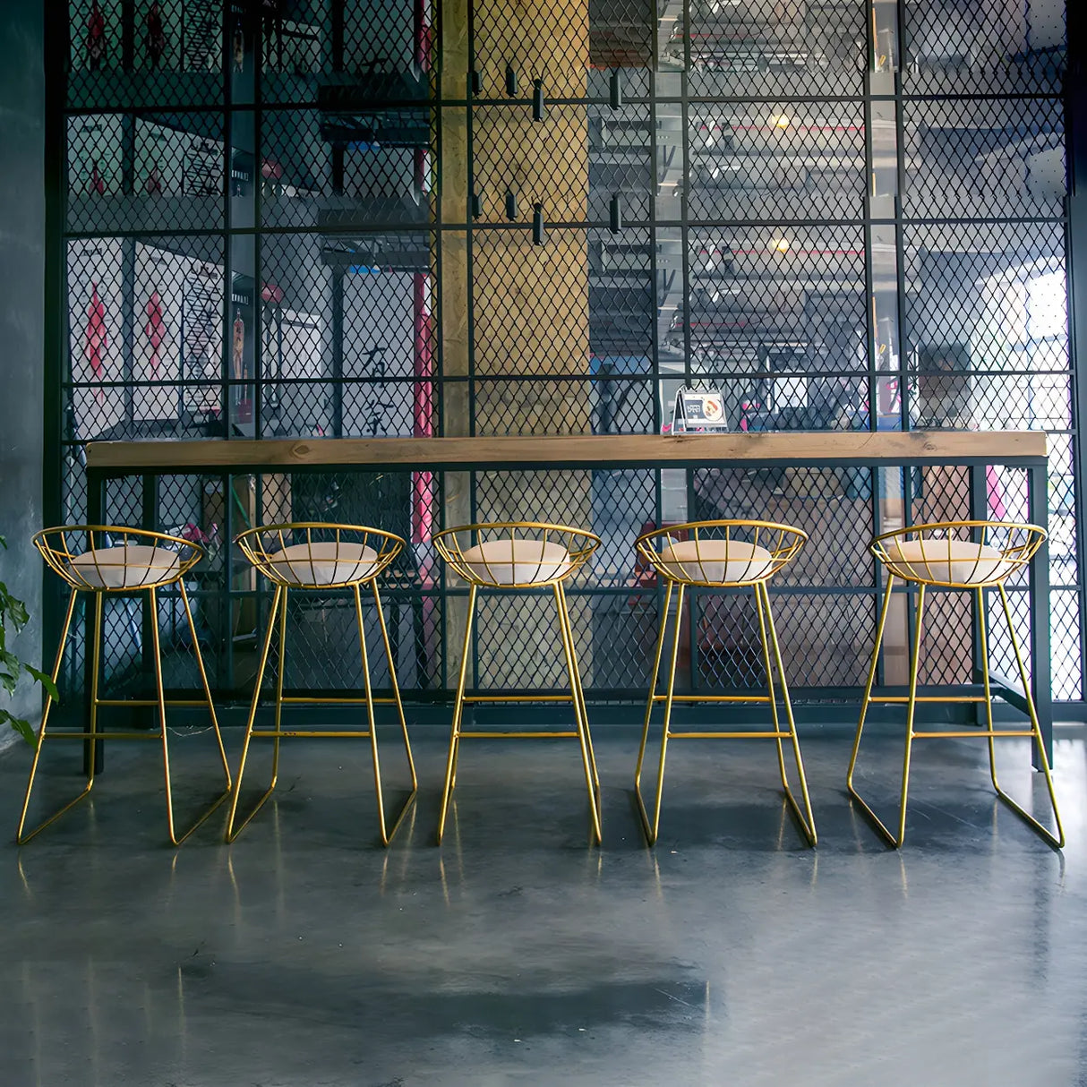 Industrial Wood Bar Table Set Gold Wire Back Cushion Stool Image - 7
