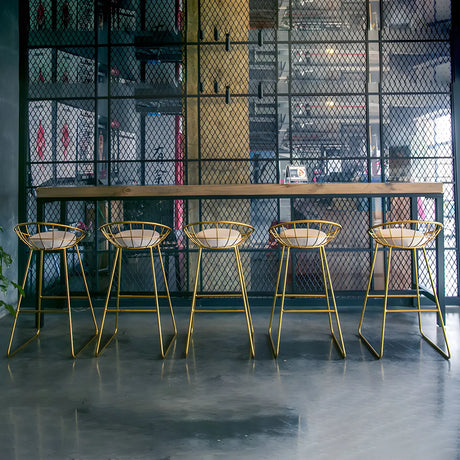 Industrial Wood Bar Table Set Gold Wire Back Cushion Stool Image - 7