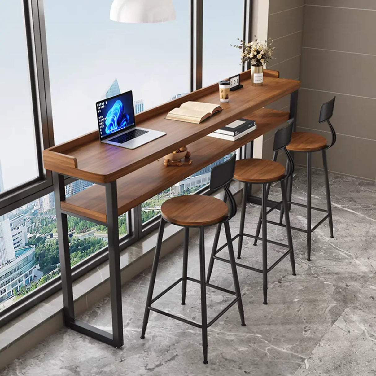 Industrial Brown Wood Storage Shelf Bar Table With Footrest Image - 1