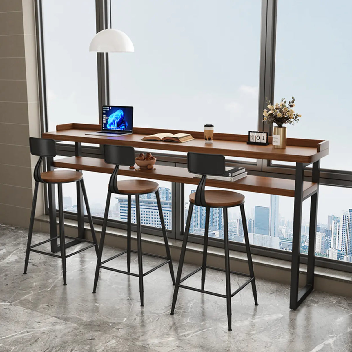 Industrial Brown Wood Storage Shelf Bar Table With Footrest Image - 3