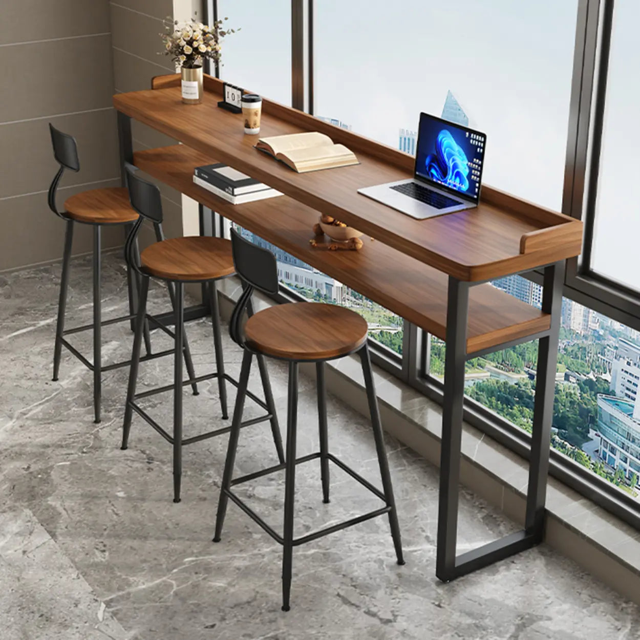 Industrial Brown Wood Storage Shelf Bar Table With Footrest Image - 4