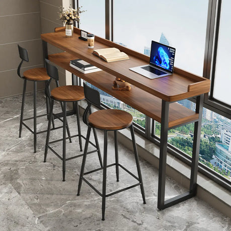 Industrial Brown Wood Storage Shelf Bar Table With Footrest Image - 4