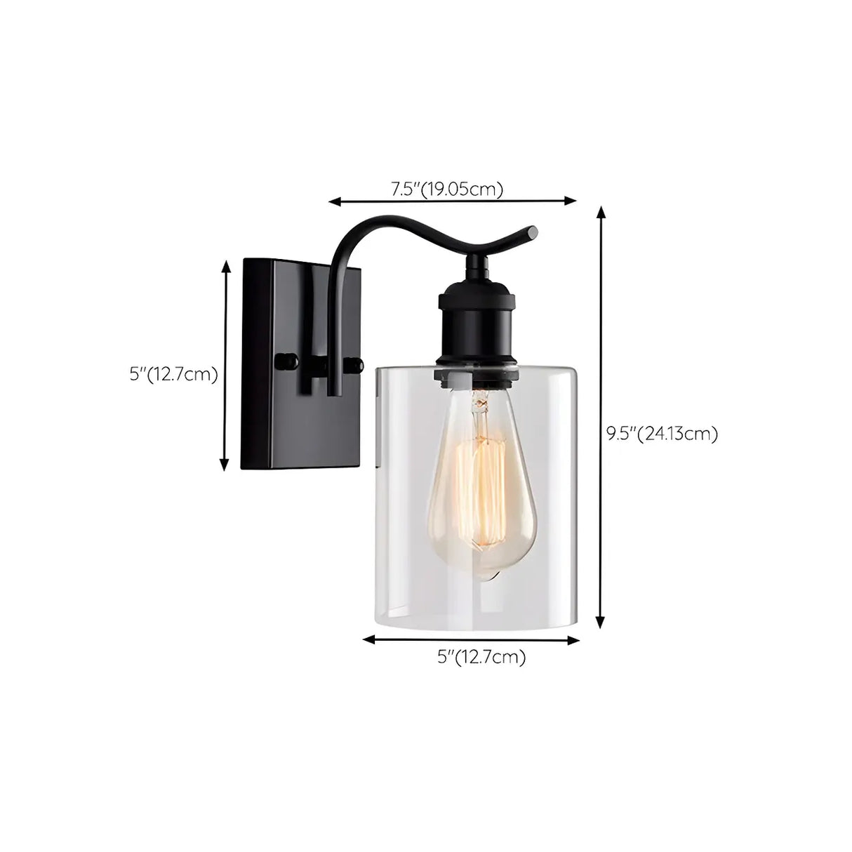 Industrial Glass Cylinder Metal Wall Vanity Light Black 