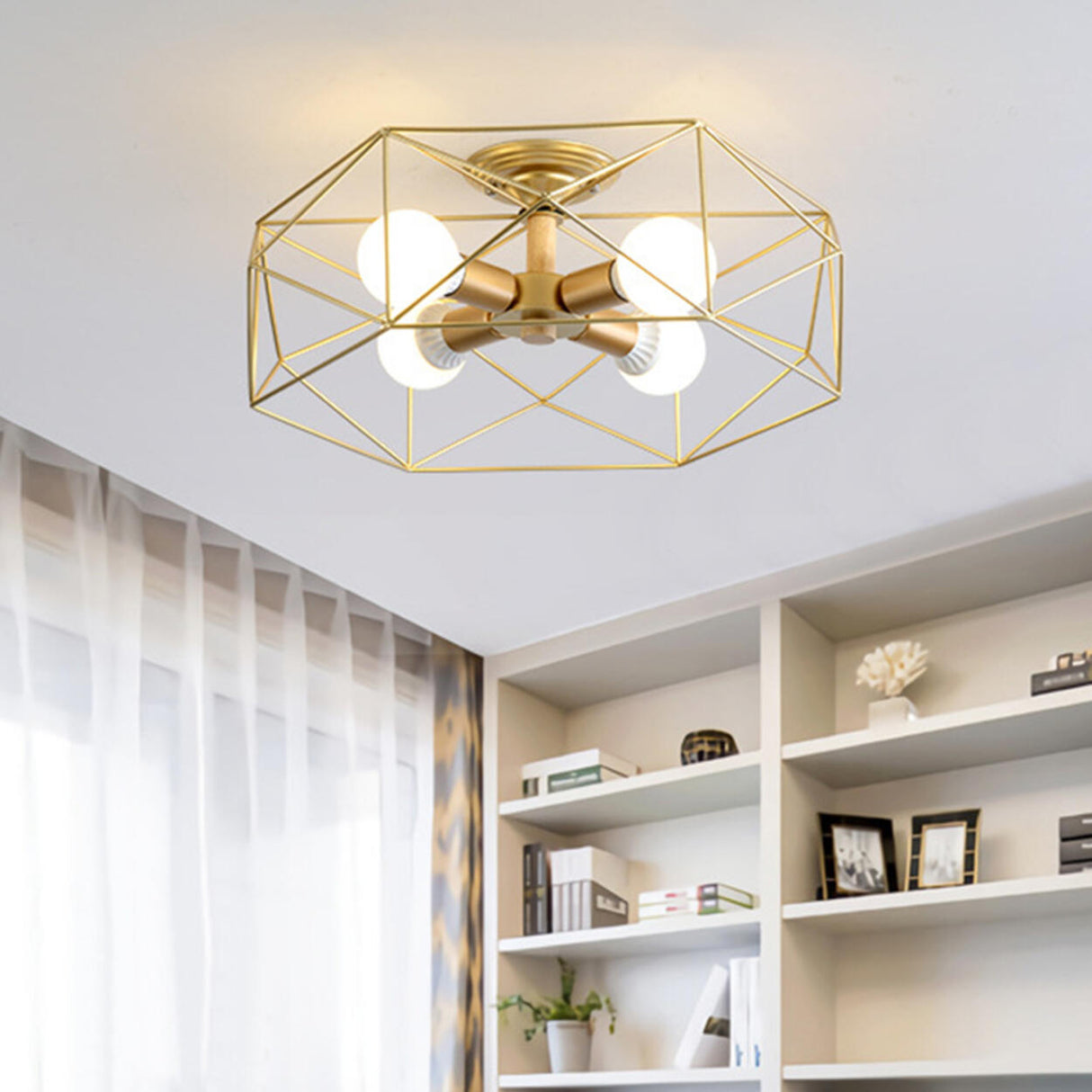Industrial Iron Gold Drum Semi-Flush Mount Lamp 5-Light Image - 18