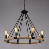 110V-120V 8-Light Circle Industrial Iron Rope Chandelier for Living Room, Black Image - 1