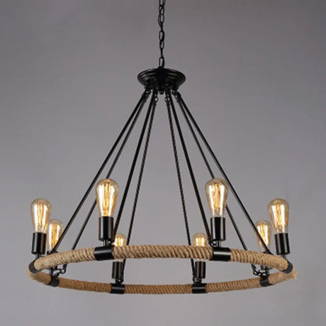 110V-120V 8-Light Circle Industrial Iron Rope Chandelier for Living Room, Black Image - 1