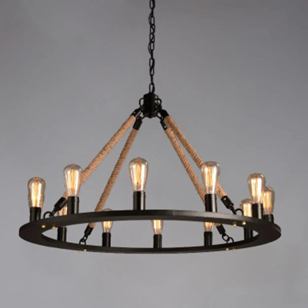 110V-120V 12-Light Round Industrial Iron Rope Chandelier for Living Room, Black Image - 11