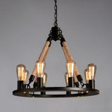 110V-120V 8-Light Round Industrial Iron Rope Chandelier for Living Room, Black Image - 13