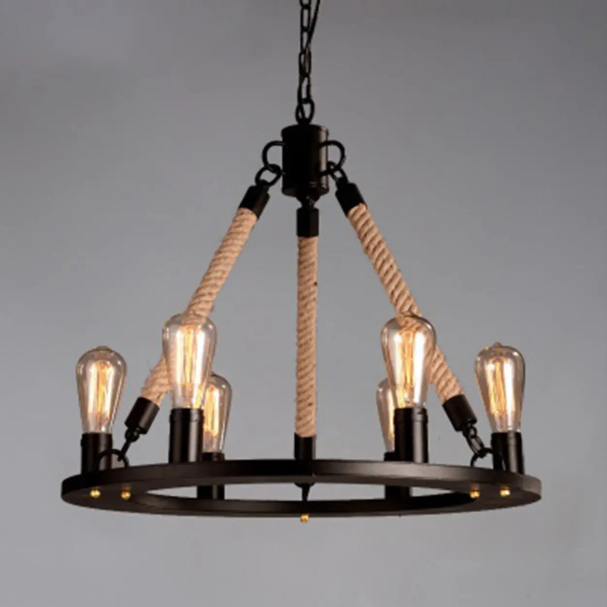 110V-120V 6-Light Round Industrial Iron Rope Chandelier for Living Room, Black Image - 15