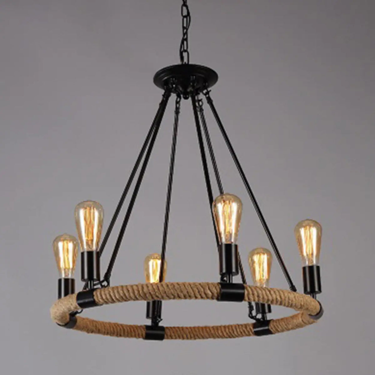 110V-120V 6-Light Circle Industrial Iron Rope Chandelier for Living Room, Black Image - 2