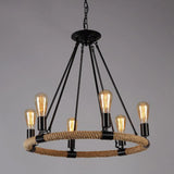 110V-120V 6-Light Circle Industrial Iron Rope Chandelier for Living Room, Black Image - 2