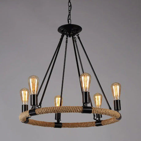 110V-120V 6-Light Circle Industrial Iron Rope Chandelier for Living Room, Black Image - 2