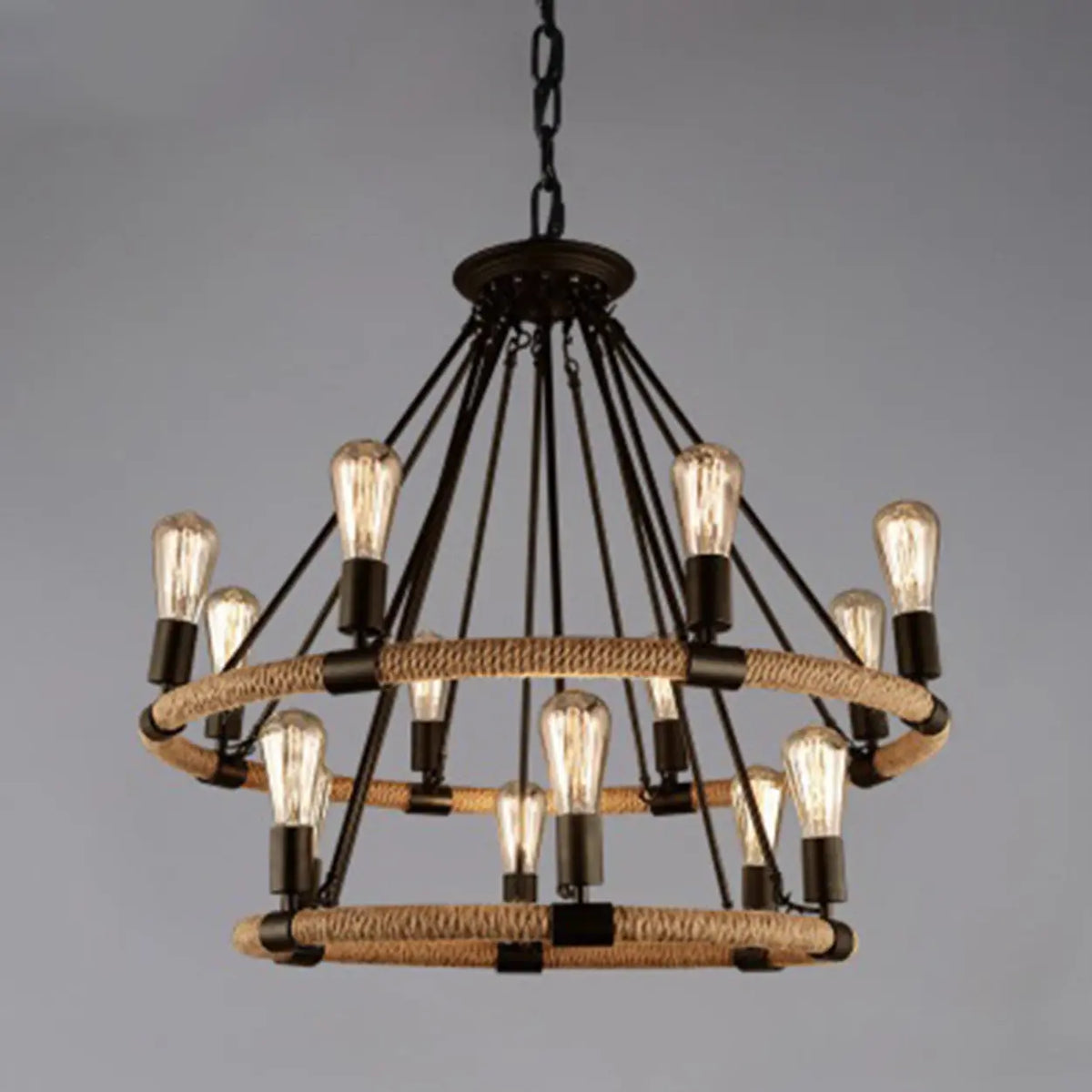 110V-120V 14-Light Circle Industrial Iron Rope Chandelier for Living Room, Black Image - 3
