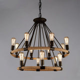110V-120V 14-Light Circle Industrial Iron Rope Chandelier for Living Room, Black Image - 3