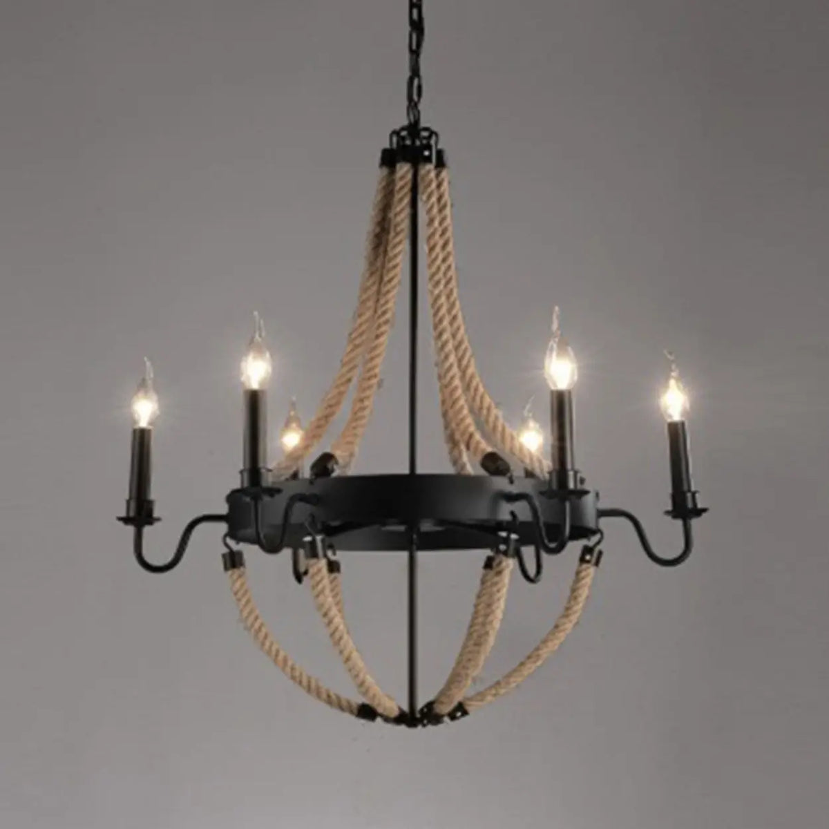 110V-120V 6-Light Geometric Industrial Iron Rope Chandelier for Living Room, Black Image - 4