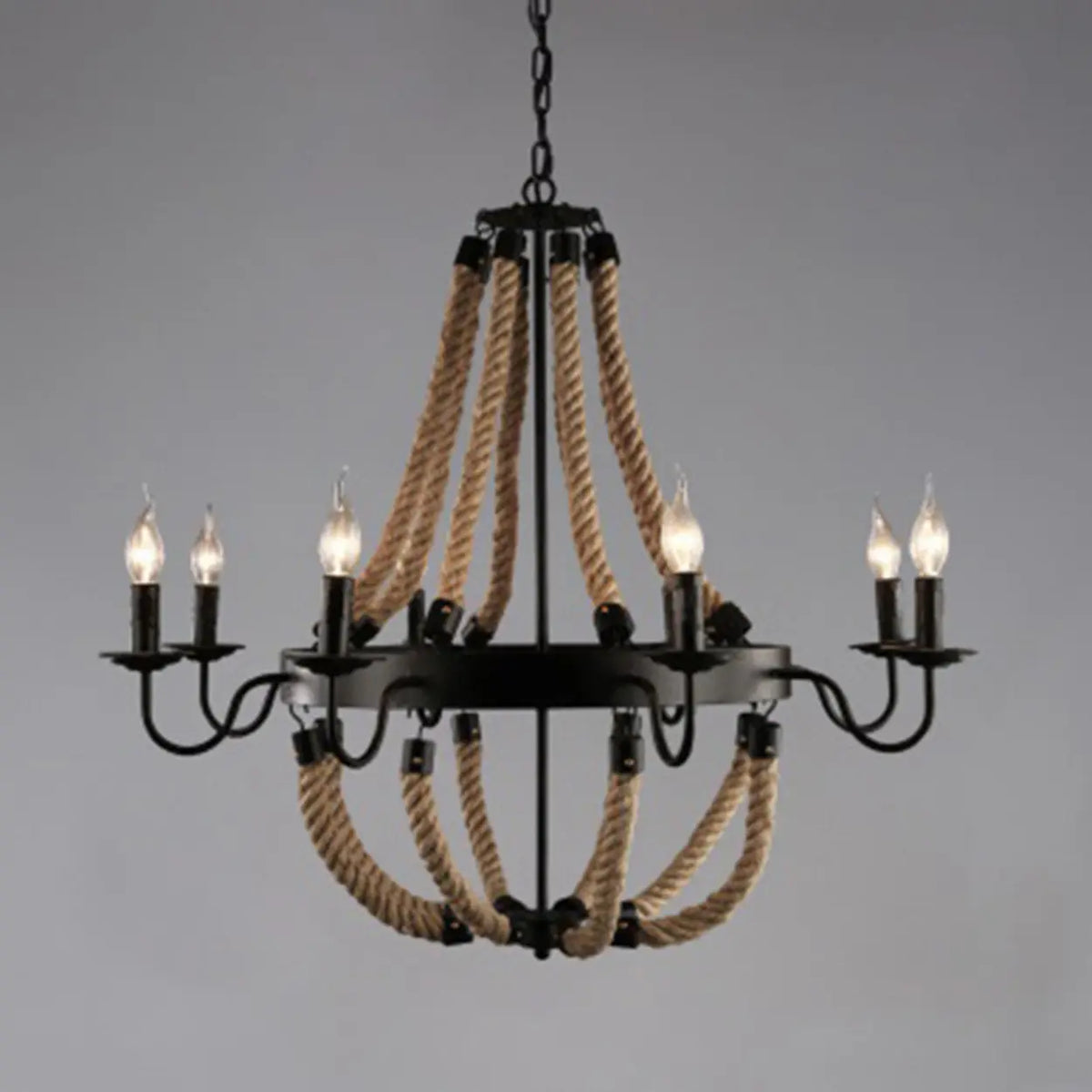 110V-120V 8-Light Geometric Industrial Iron Rope Chandelier for Living Room, Black Image - 5