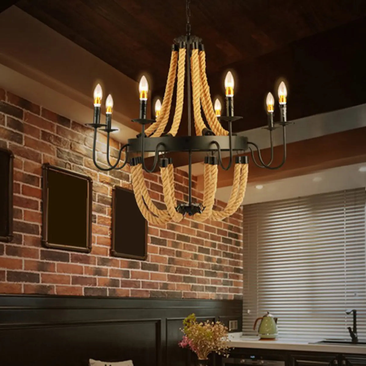 Industrial Iron Rope Chandelier for Living Room, Black Image - 8