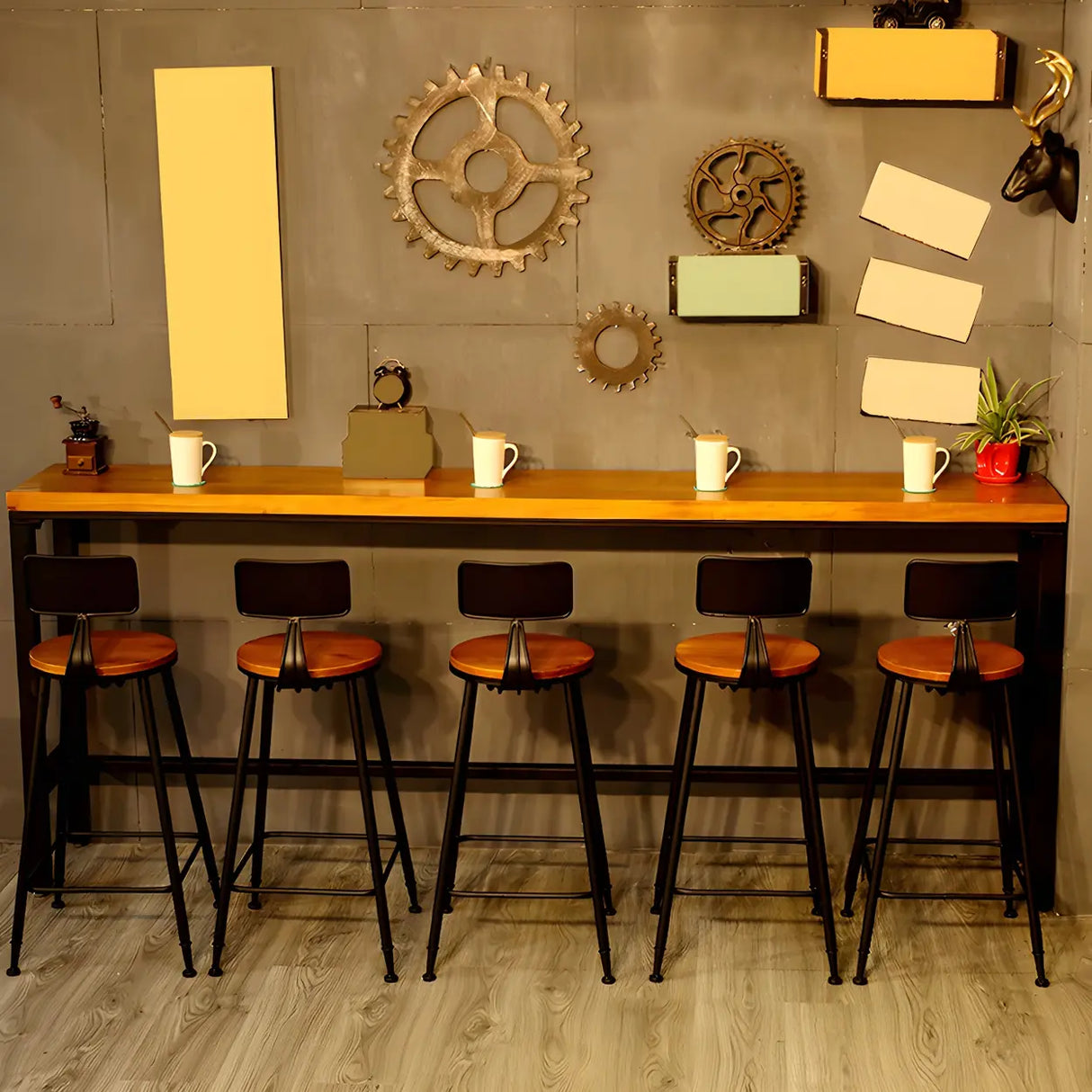 Industrial Metal Frame Wood Square Bar Stool with Backrest Image - 2