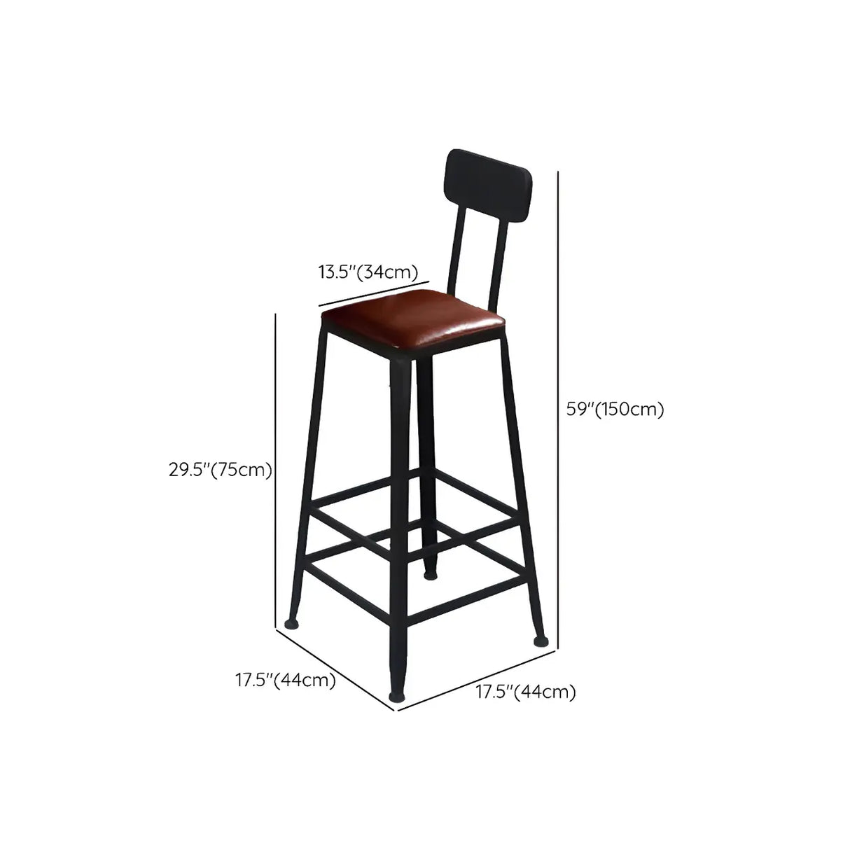 Industrial Metal Frame Wood Square Bar Stool with Backrest 