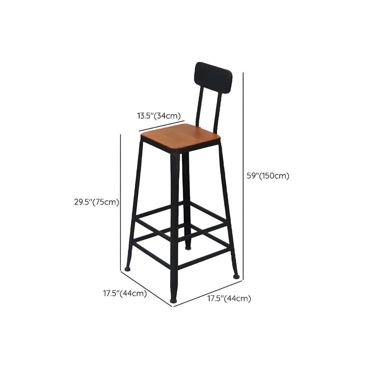 Industrial Metal Frame Wood Square Bar Stool with Backrest Image - 25