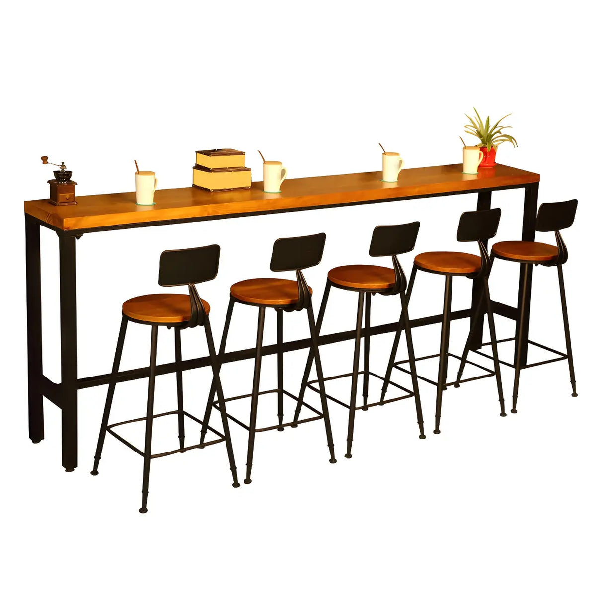Industrial Metal Frame Wood Square Bar Stool with Backrest Image - 6