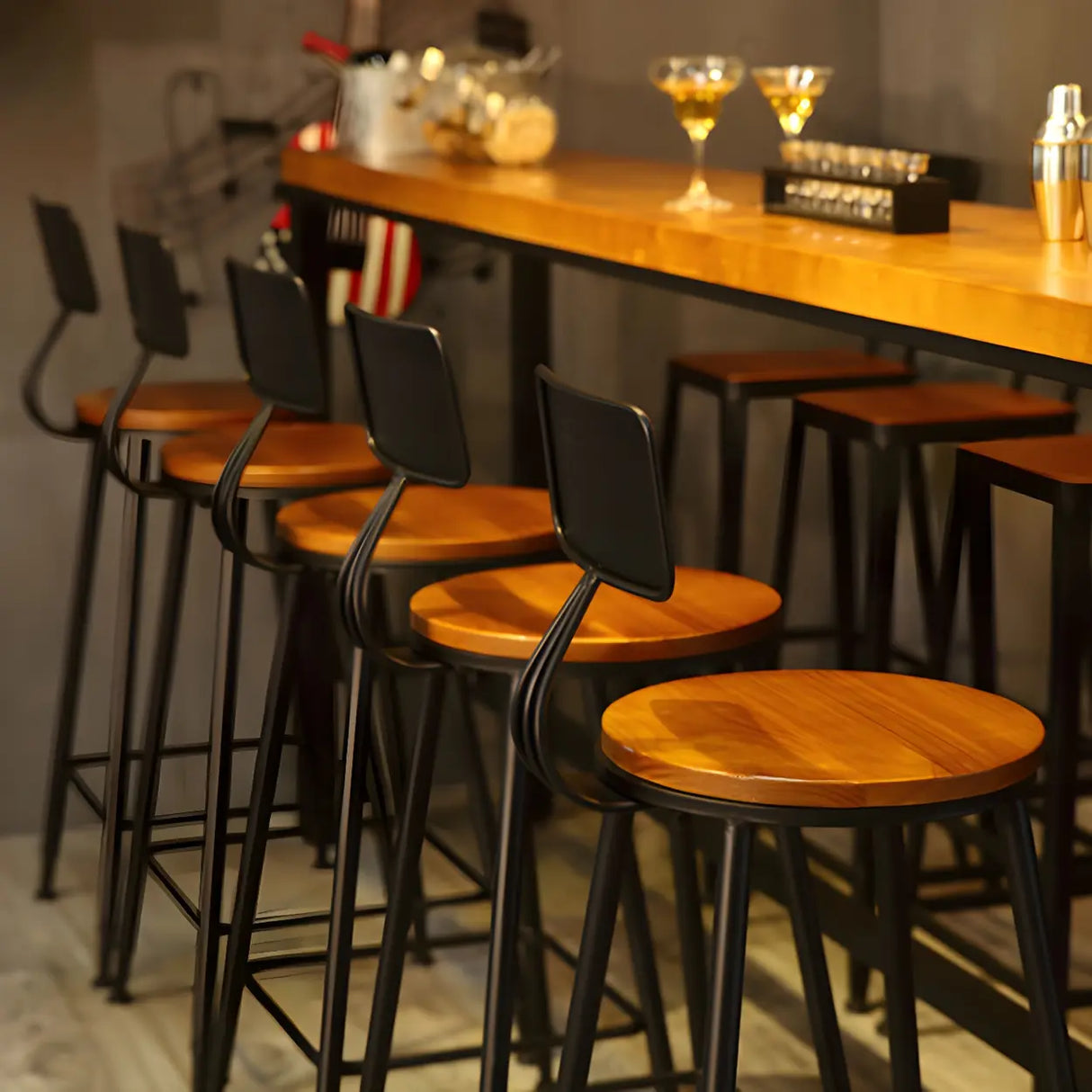Industrial Metal Frame Wood Square Bar Stool with Backrest Image - 7