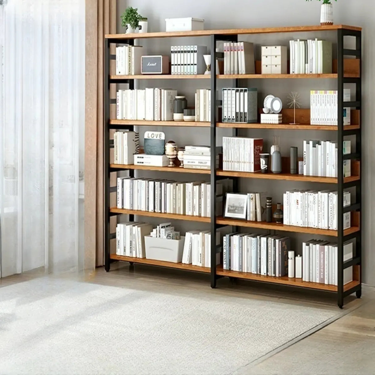 Industrial Oak Metal Large Open Back Storage Bookcase Image - 14