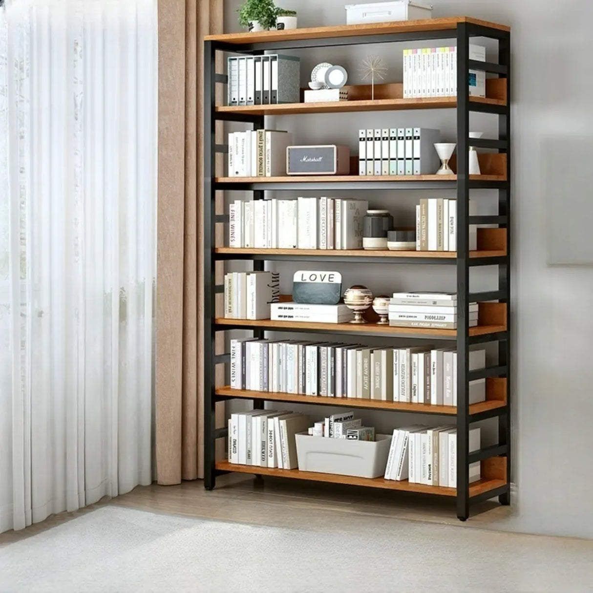 Industrial Oak Metal Large Open Back Storage Bookcase Image - 19