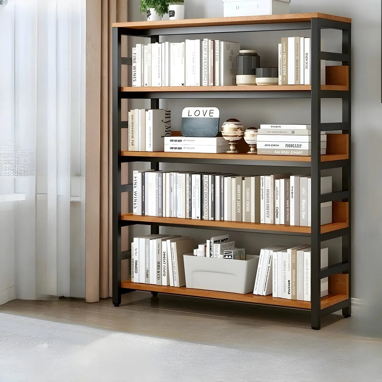 Industrial Oak Metal Large Open Back Storage Bookcase Image - 27