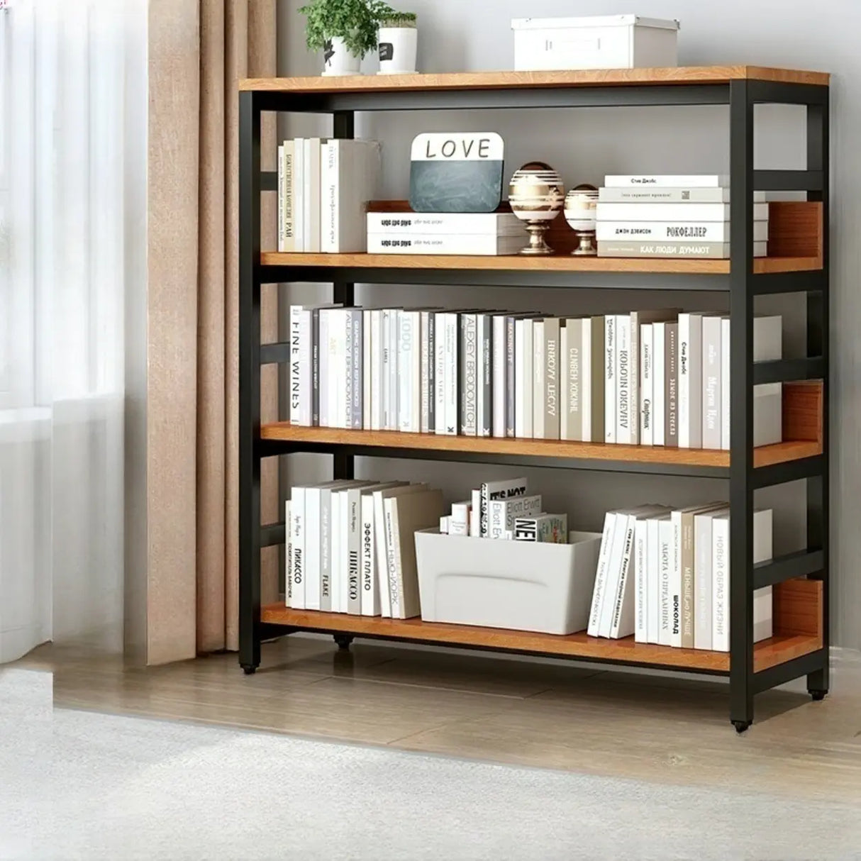 Industrial Oak Metal Large Open Back Storage Bookcase Image - 3