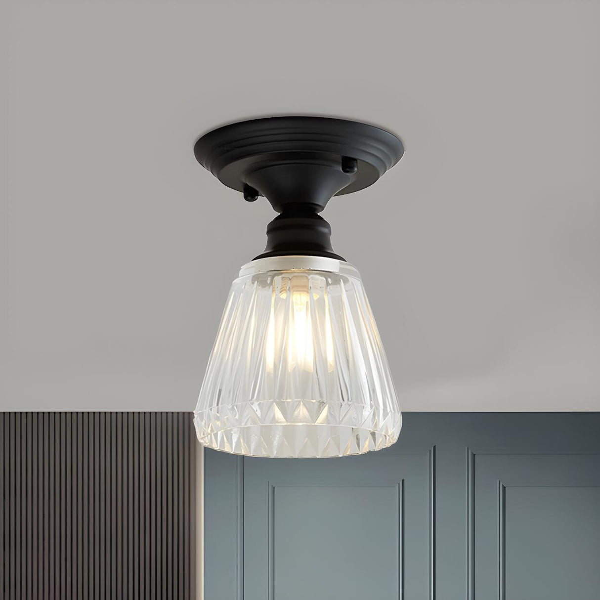 Industrial Mini Cone Wavy Glass Semi-Flush Mount Light Image - 14