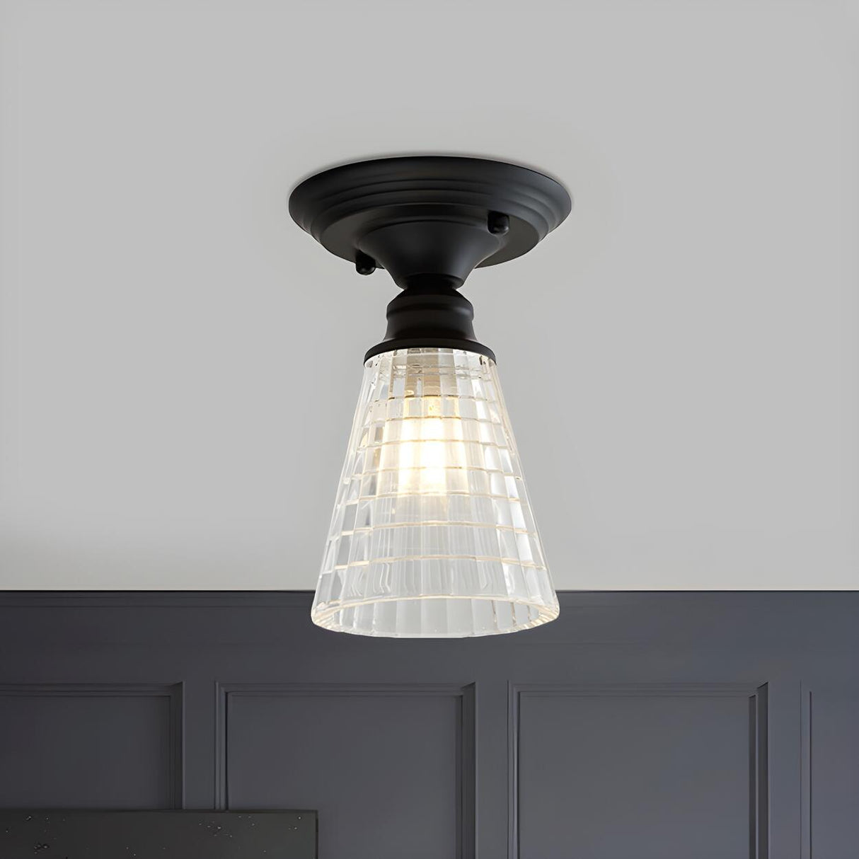 Industrial Mini Cone Wavy Glass Semi-Flush Mount Light Image - 17