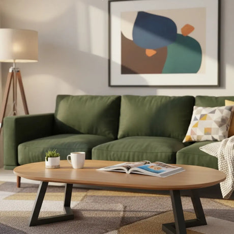 Industrial Modern Oval Wood Coffee Table with Metal Legs Image - 1