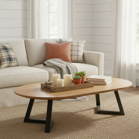 Industrial Modern Oval Wood Coffee Table with Metal Legs Image - 2