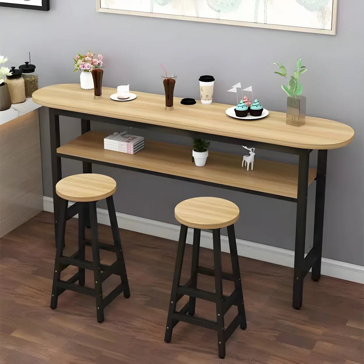 Industrial Modern Wood Bar Table with Shelf for Cafe Image - 2