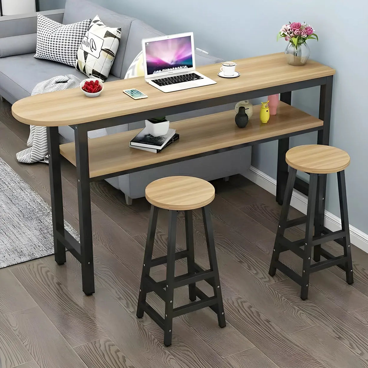 Industrial Modern Wood Bar Table with Shelf for Cafe Image - 3
