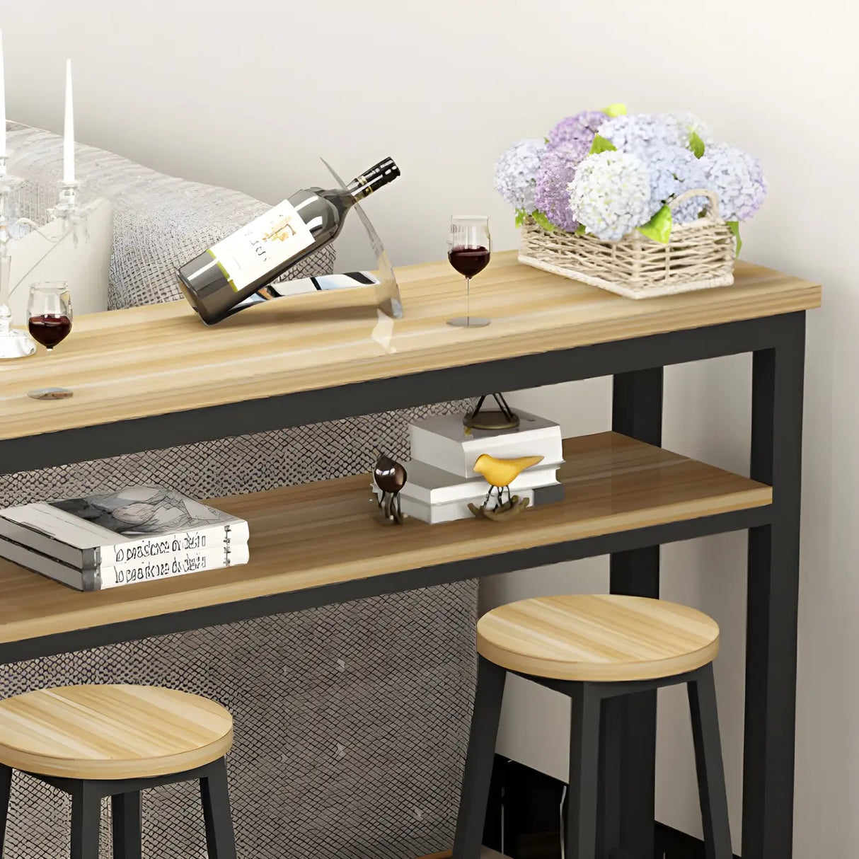 Industrial Modern Wood Bar Table with Shelf for Cafe Image - 6