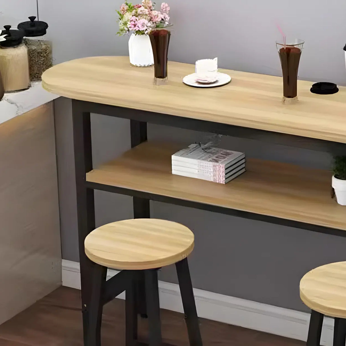 Industrial Modern Wood Bar Table with Shelf for Cafe Image - 7