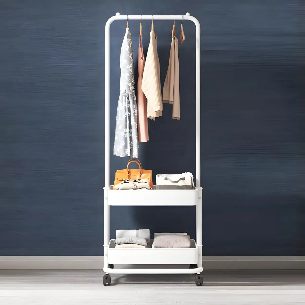 Industrial Narrow Metal Rolling Coat Rack with Shelves Image - 12