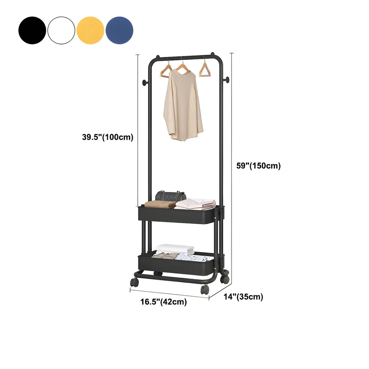 Industrial Narrow Metal Rolling Coat Rack with Shelves 