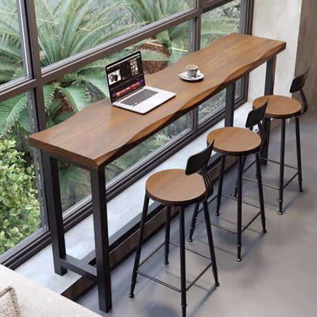 Industrial Natural Edge Brown Wood Bar Table with Footrest Image - 1