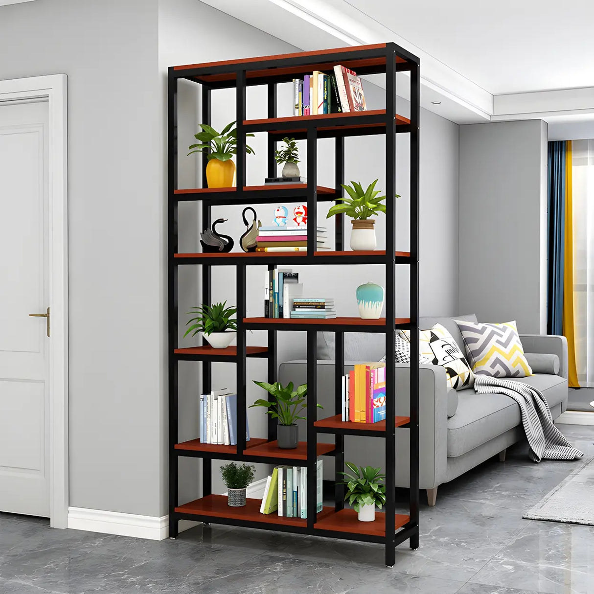 Industrial Open-Back Steel Wood Etagere Display Bookcase Image - 6