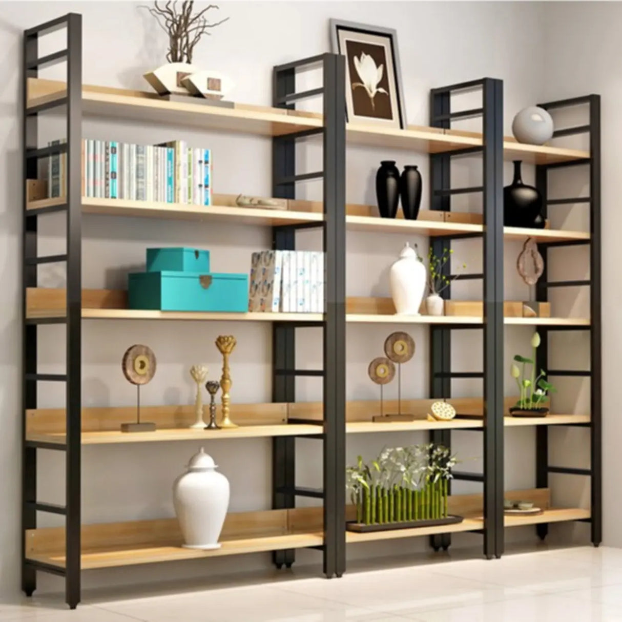 Industrial Open Shelf Iron Frame Rectangular Bookshelf Image - 1