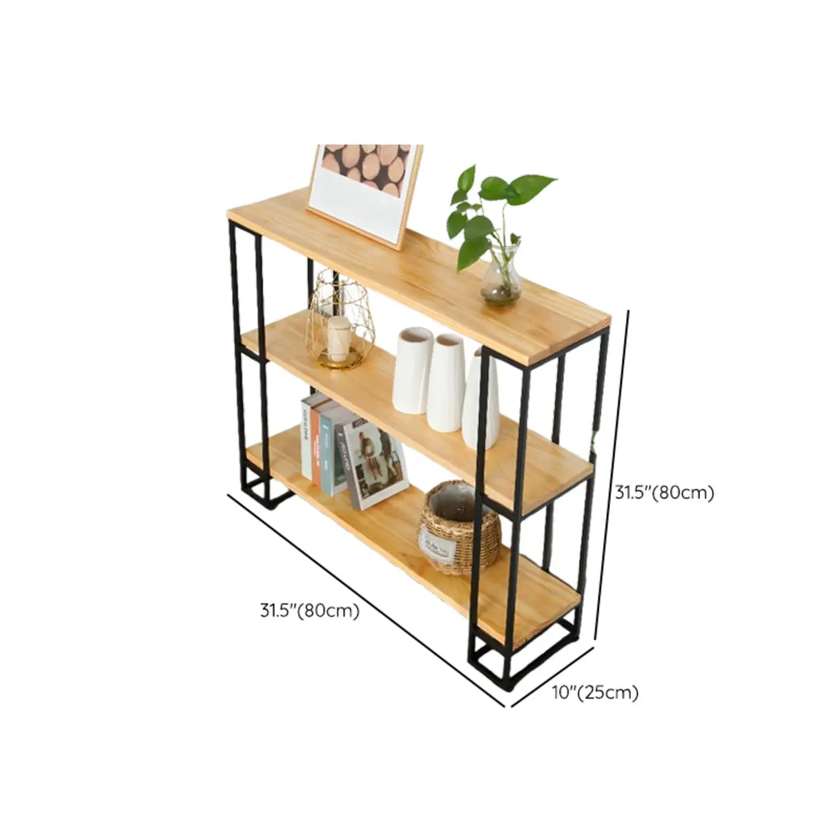 Industrial Pine and Metal Black Floor Shelf Console Table 
