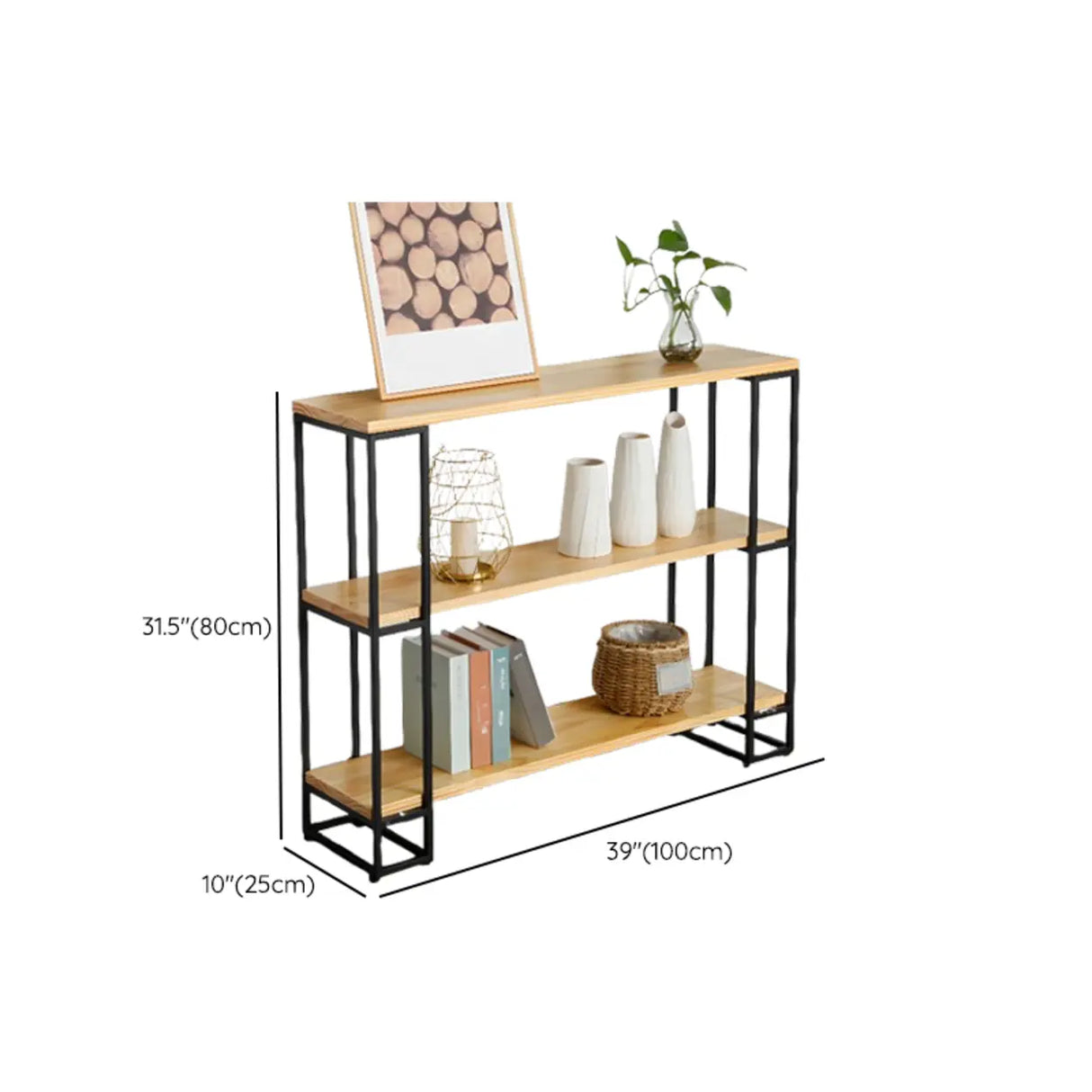 Industrial Pine and Metal Black Floor Shelf Console Table Image - 14