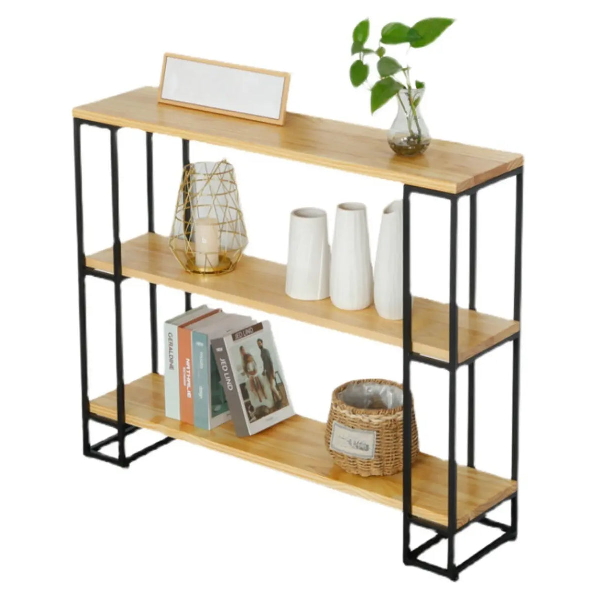 Industrial Pine and Metal Black Floor Shelf Console Table Image - 2